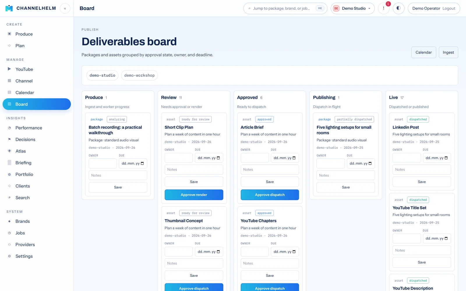 The deliverables board with packages and assets grouped by approval state