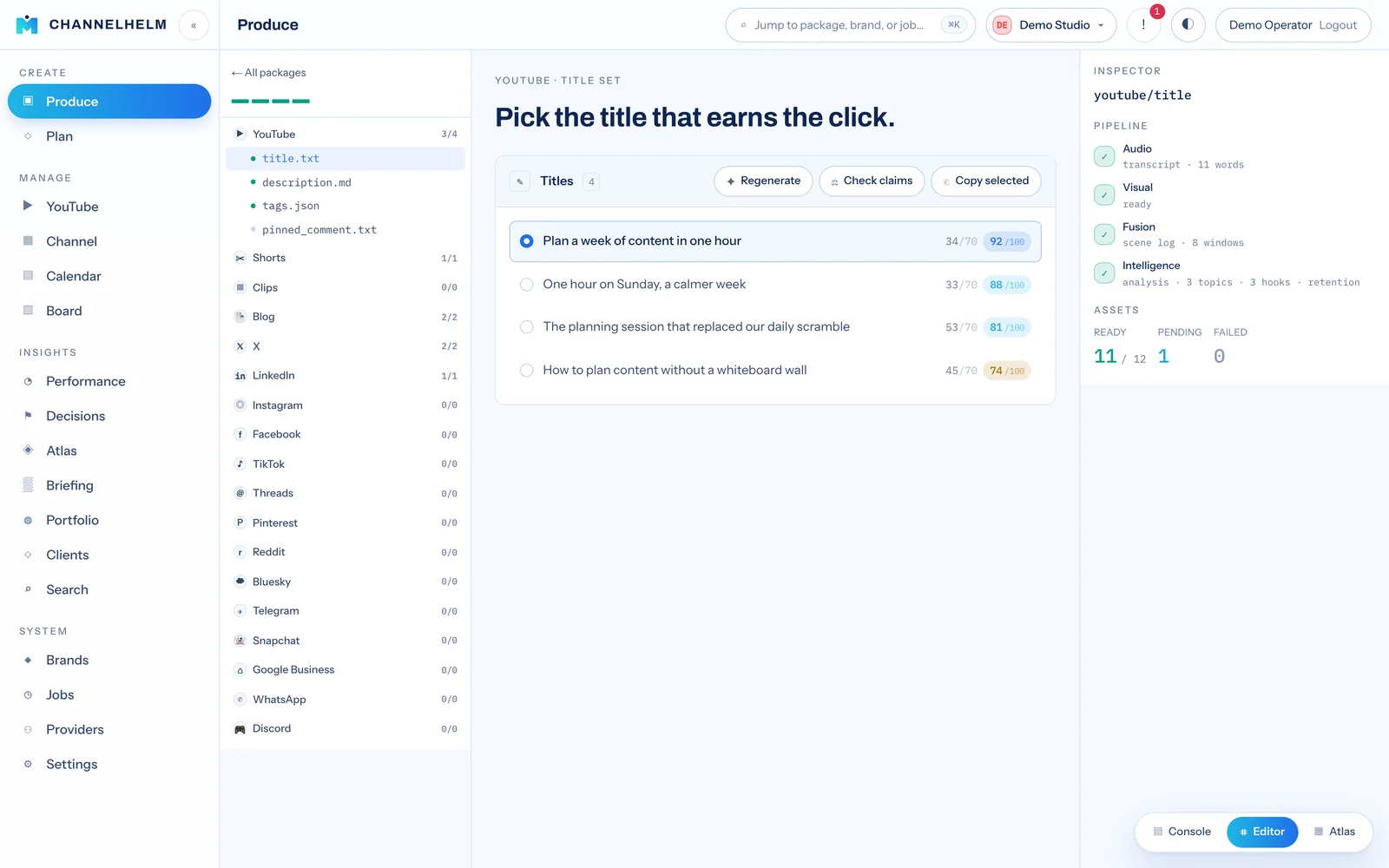 The Editor layout of the Studio with the asset tree, scored title options and the inspector
