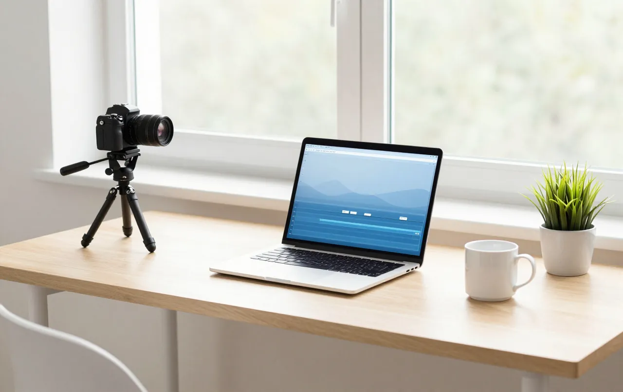 A bright creator desk with a laptop showing a video timeline and a small camera on a tripod
