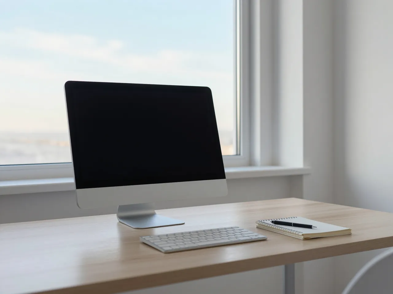 A desktop computer on a pale wooden desk by a bright window